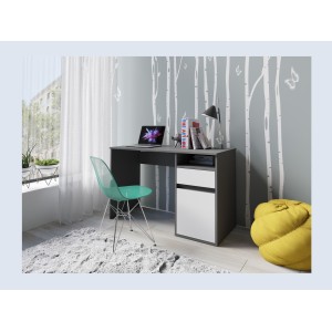 Bureau BILOU gris et blanc – 1 tiroir, 1 porte et 2 niches – Look moderne et rangement pratique