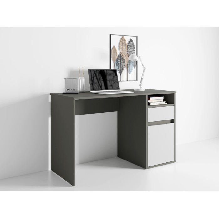 Bureau BILOU grijs en wit – 1 lade, 1 deur en 2 vakken – Moderne uitstraling en praktische opbergruimte