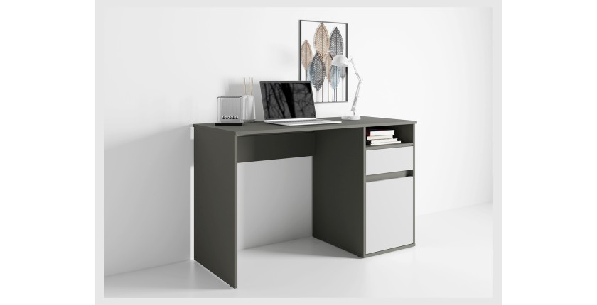 Bureau BILOU gris et blanc – 1 tiroir, 1 porte et 2 niches – Look moderne et rangement pratique