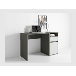 Bureau BILOU gris et blanc – 1 tiroir, 1 porte et 2 niches – Look moderne et rangement pratique