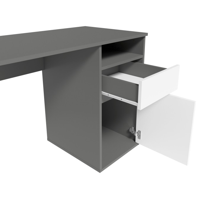 Bureau BILOU grijs en wit – 1 lade, 1 deur en 2 vakken – Moderne uitstraling en praktische opbergruimte