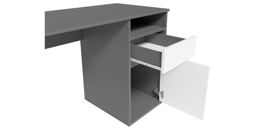 Bureau BILOU gris et blanc – 1 tiroir, 1 porte et 2 niches – Look moderne et rangement pratique