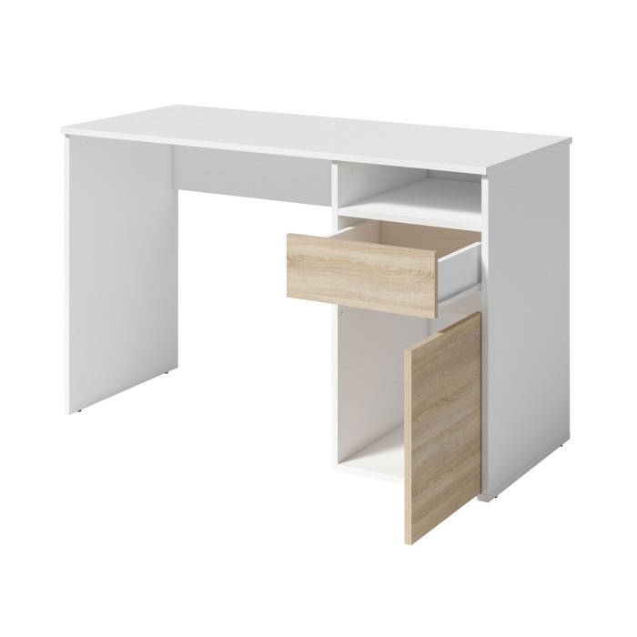 Bureau BILOU wit met lade en lichte eiken deur - Compact en helder voor kinderen