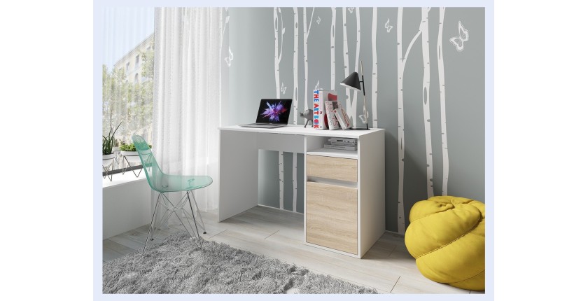 Bureau BILOU blanc avec tiroir et porte chêne clair – Compact et lumineux pour enfant