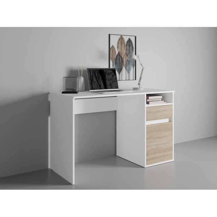 Bureau BILOU wit met lade en lichte eiken deur - Compact en helder voor kinderen