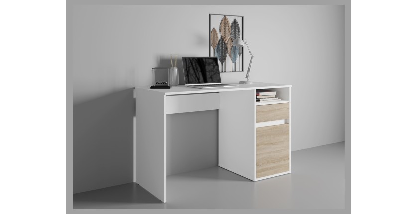 Bureau BILOU blanc avec tiroir et porte chêne clair – Compact et lumineux pour enfant