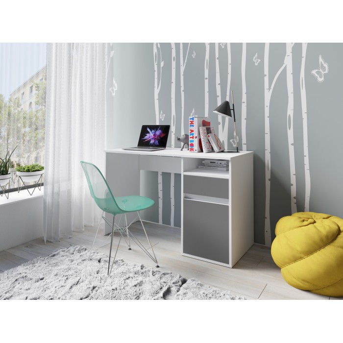 Bureau BILOU wit met lade en antracietgrijze deur - Strak en modern ontwerp voor kinderen