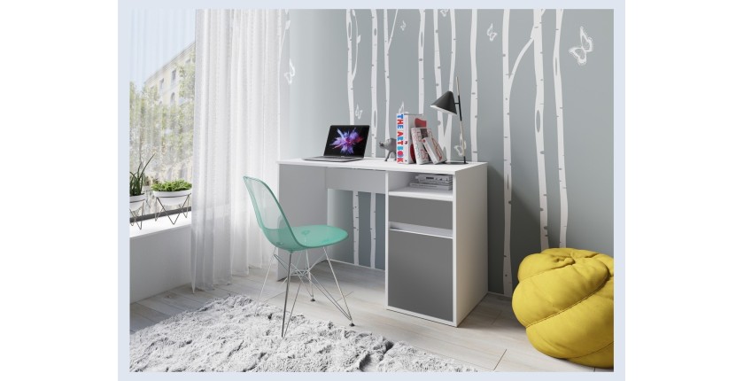 Bureau BILOU blanc avec tiroir et porte gris anthracite – Design épuré et moderne pour enfant