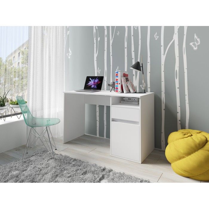 Bureau BILOU wit – 1 lade, 1 deur en 2 vakken – Strakke en heldere look voor kinderkamer