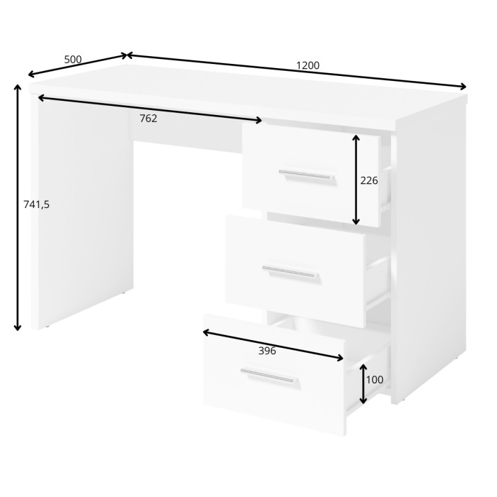 Bureau LUNIS wit - 3 grote lades - Minimalistisch ontwerp en ruime opbergruimte