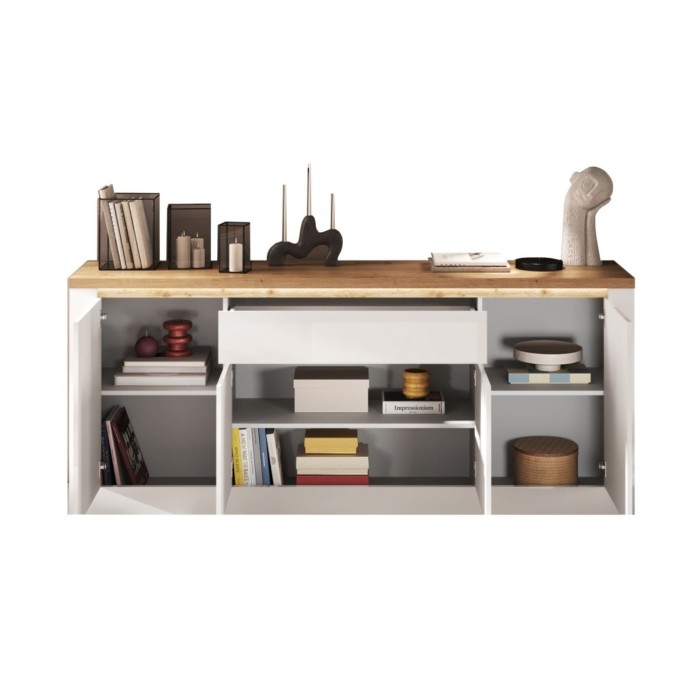Buffet SASHA – 4 porte + 1 cassetto con LED integrato – Bianco laccato e Rovere Cadiz