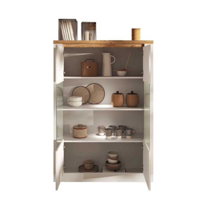 Vitrine SASHA – 2 Glastüren +3 Regale mit integrierter LED – Weiß lackiert und Eiche Cadiz