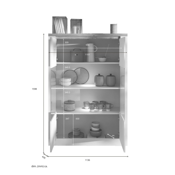 Vitrine SASHA – 2 Glastüren +3 Regale mit integrierter LED – Weiß lackiert und Eiche Cadiz
