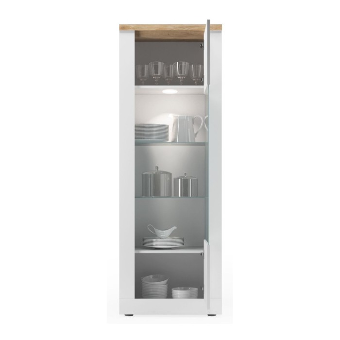 Vitrine SASHA – 1 Tür und integrierte LED – Weiß lackiert und Eiche Cadiz