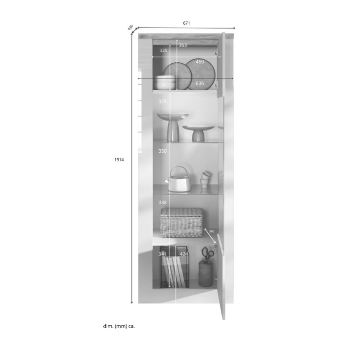 Vitrine SASHA – 1 Tür und integrierte LED – Weiß lackiert und Eiche Cadiz