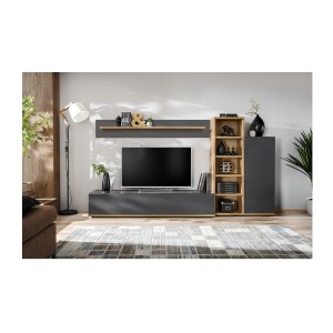 Mise en situation de l'ensemble de meubles de salon RHYS dans un décor 3D