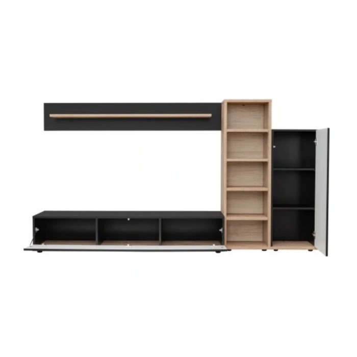 Composición mural RHYS – Mueble para TV, columnas y estanterías – Antracita y roble Wotan