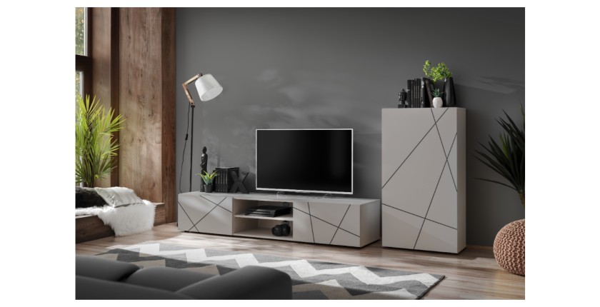 copy of Möbelset JULIA – Vitrinen, Buffet und TV-Möbel – Geöltes Eichenholz und Cashmere-Beige mit LED
