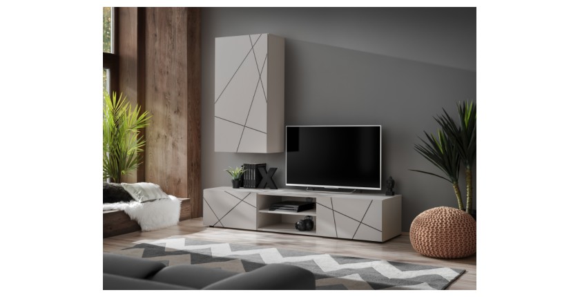 copy of Möbelset JULIA – Vitrinen, Buffet und TV-Möbel – Geöltes Eichenholz und Cashmere-Beige mit LED