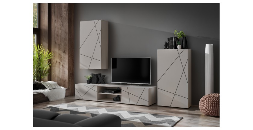 copy of Möbelset JULIA – Vitrinen, Buffet und TV-Möbel – Geöltes Eichenholz und Cashmere-Beige mit LED