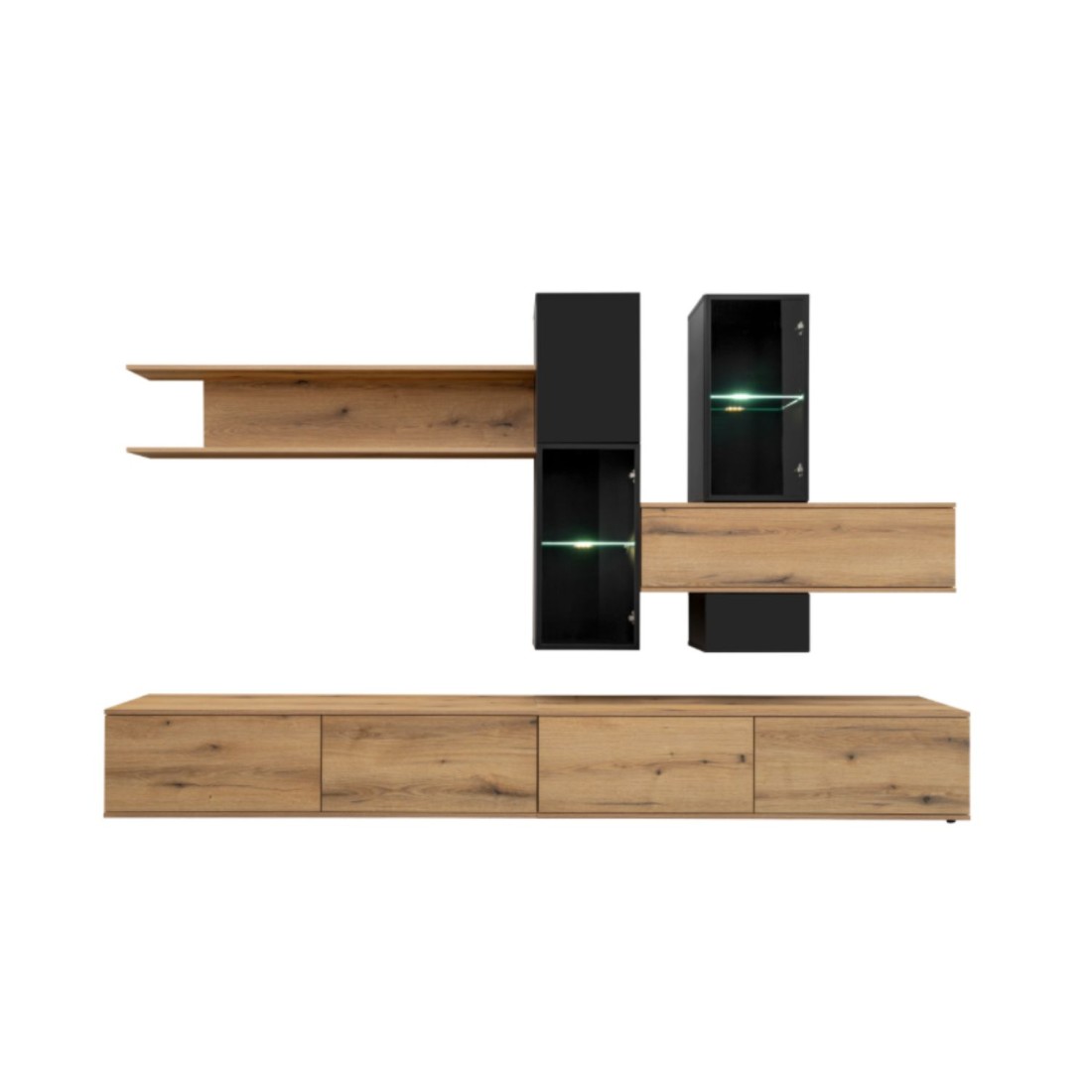 copy of Möbelset JULIA – Vitrinen, Buffet und TV-Möbel – Geöltes Eichenholz und Cashmere-Beige mit LED