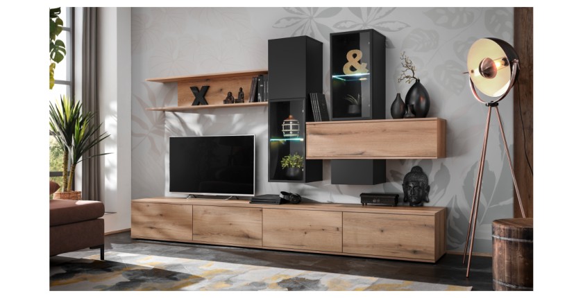 copy of Möbelset JULIA – Vitrinen, Buffet und TV-Möbel – Geöltes Eichenholz und Cashmere-Beige mit LED
