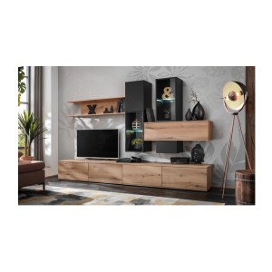 copy of Möbelset JULIA – Vitrinen, Buffet und TV-Möbel – Geöltes Eichenholz und Cashmere-Beige mit LED