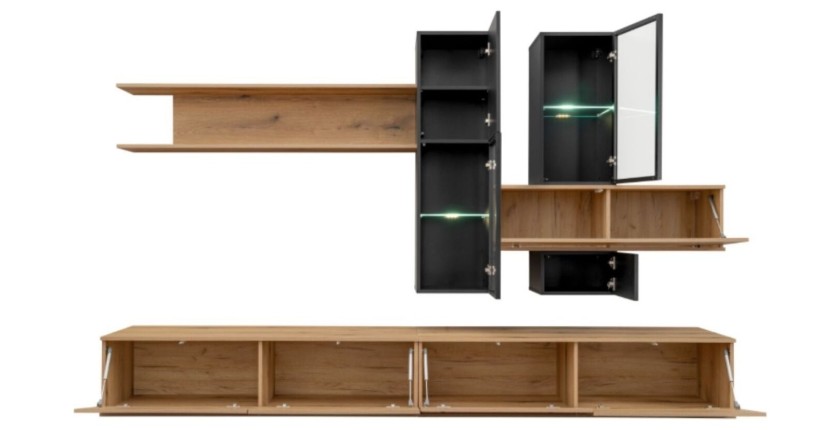 copy of Möbelset JULIA – Vitrinen, Buffet und TV-Möbel – Geöltes Eichenholz und Cashmere-Beige mit LED