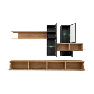 copy of Möbelset JULIA – Vitrinen, Buffet und TV-Möbel – Geöltes Eichenholz und Cashmere-Beige mit LED