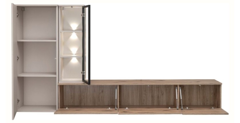 copy of Möbelset JULIA – Vitrinen, Buffet und TV-Möbel – Geöltes Eichenholz und Cashmere-Beige mit LED