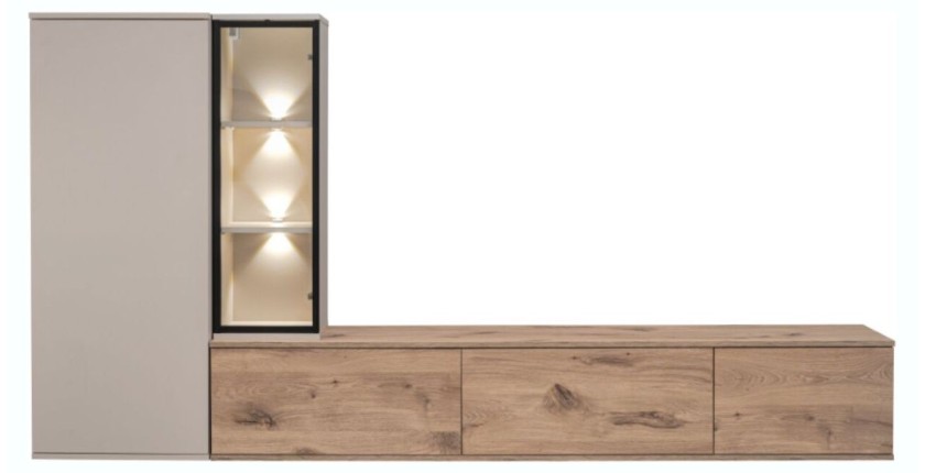 copy of Möbelset JULIA – Vitrinen, Buffet und TV-Möbel – Geöltes Eichenholz und Cashmere-Beige mit LED