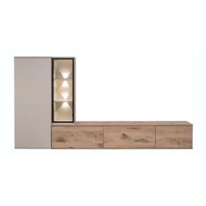 copy of Möbelset JULIA – Vitrinen, Buffet und TV-Möbel – Geöltes Eichenholz und Cashmere-Beige mit LED