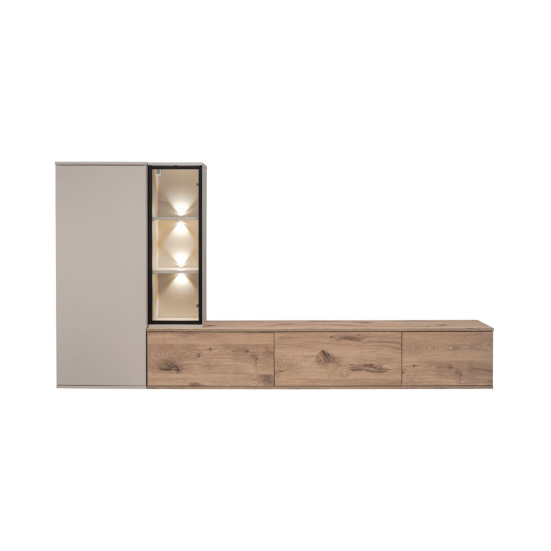 copy of Möbelset JULIA – Vitrinen, Buffet und TV-Möbel – Geöltes Eichenholz und Cashmere-Beige mit LED