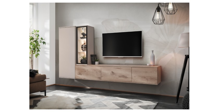 copy of Möbelset JULIA – Vitrinen, Buffet und TV-Möbel – Geöltes Eichenholz und Cashmere-Beige mit LED