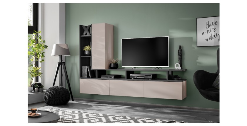 copy of Möbelset JULIA – Vitrinen, Buffet und TV-Möbel – Geöltes Eichenholz und Cashmere-Beige mit LED