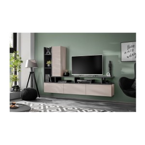 copy of Möbelset JULIA – Vitrinen, Buffet und TV-Möbel – Geöltes Eichenholz und Cashmere-Beige mit LED