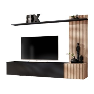 copy of Möbelset JULIA – Vitrinen, Buffet und TV-Möbel – Geöltes Eichenholz und Cashmere-Beige mit LED