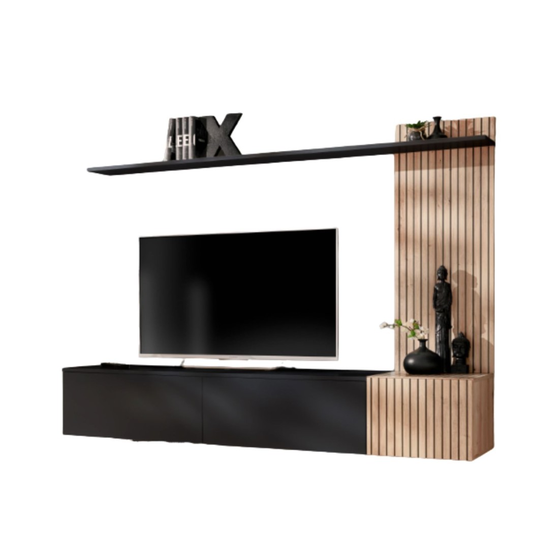 copy of Möbelset JULIA – Vitrinen, Buffet und TV-Möbel – Geöltes Eichenholz und Cashmere-Beige mit LED