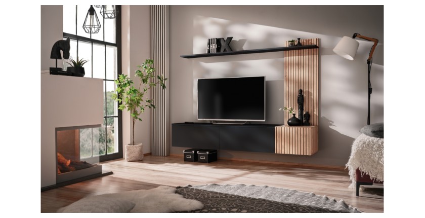 copy of Möbelset JULIA – Vitrinen, Buffet und TV-Möbel – Geöltes Eichenholz und Cashmere-Beige mit LED