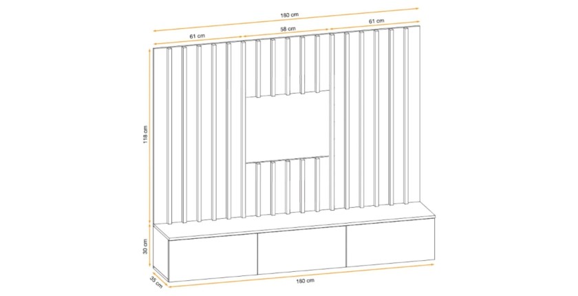 Dimensions globales des éléments de la composition murale TASHYA : meuble TV et panneaux muraux décoratifs