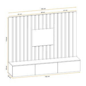 Dimensions globales des éléments de la composition murale TASHYA : meuble TV et panneaux muraux décoratifs