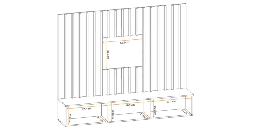 Dimensions détaillées des éléments de la composition murale TASHYA : meuble TV et panneaux muraux décoratifs