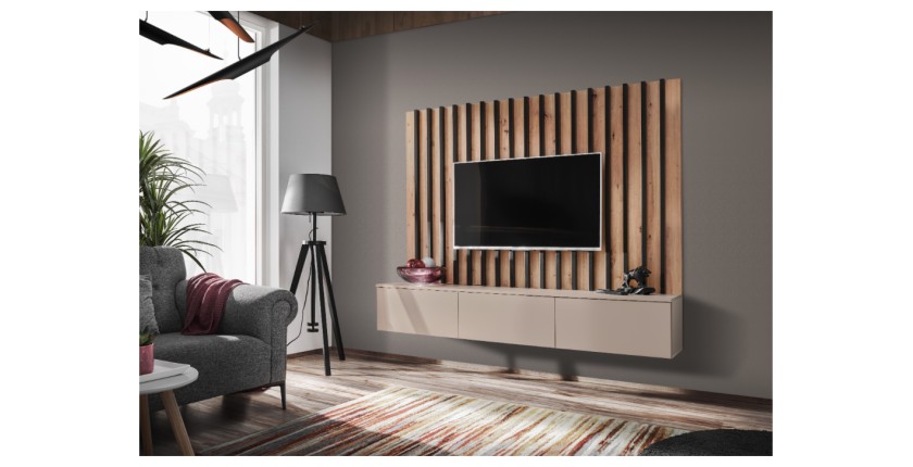 Mise en situation 3D de la composition murale TASHYA : meuble TV et panneaux muraux décoratifs