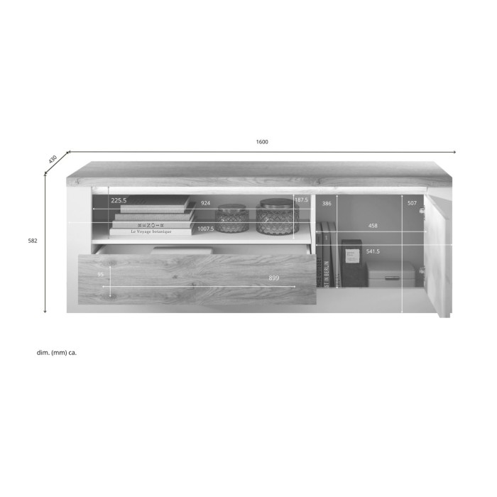 Mueble para TV SASHA – 1 puerta, 1 cajón y 1 compartimento abierto con LED – Blanco lacado y roble Cadiz
