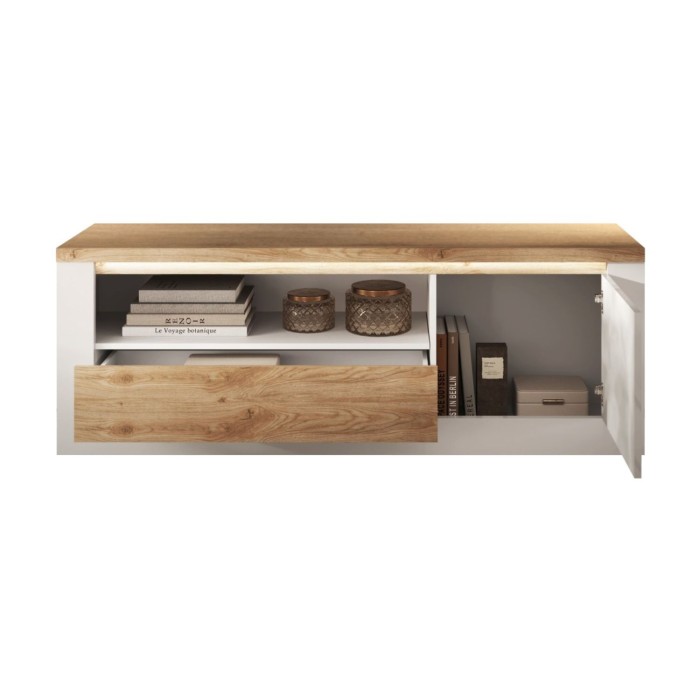Mueble para TV SASHA – 1 puerta, 1 cajón y 1 compartimento abierto con LED – Blanco lacado y roble Cadiz