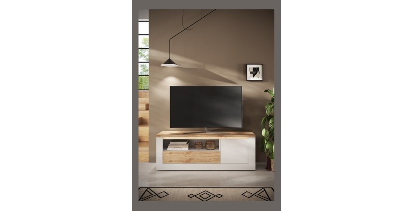Mise en situation dans un décor 3D du meuble TV 1 porte 1 tiroir SASHA
