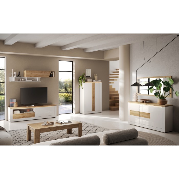Mobile TV SASHA – 2 ante, 1 cassetto e 1 nicchia aperta con LED – Bianco lucido e rovere Cadiz