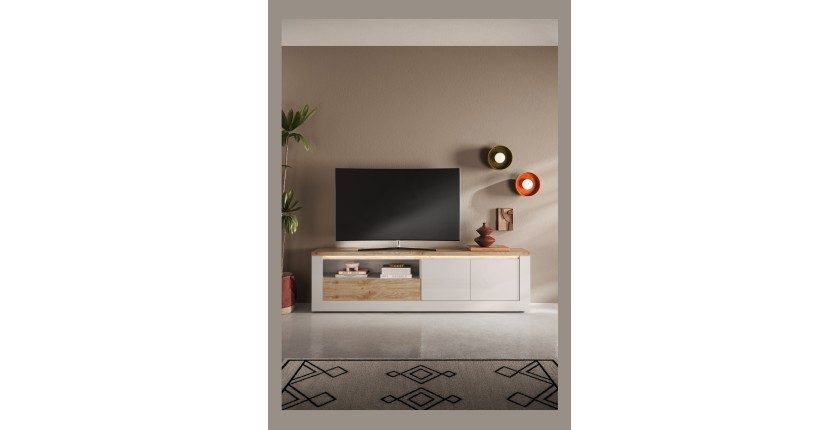 Mise en situation dans un décor 3D du meuble TV SASHA 2 portes et 1 tiroir