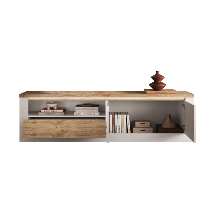 Mobile TV SASHA – 2 ante, 1 cassetto e 1 nicchia aperta con LED – Bianco lucido e rovere Cadiz