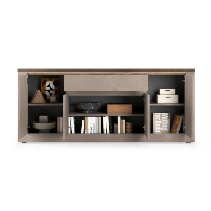 Buffet SASHA – 4 puertas, 1 cajón y LED – Bronce y tapa de madera Mercurio